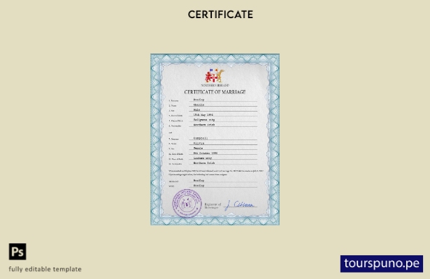 Plantilla PSD de certificado de matrimonio de Irlanda del Norte lista para impri